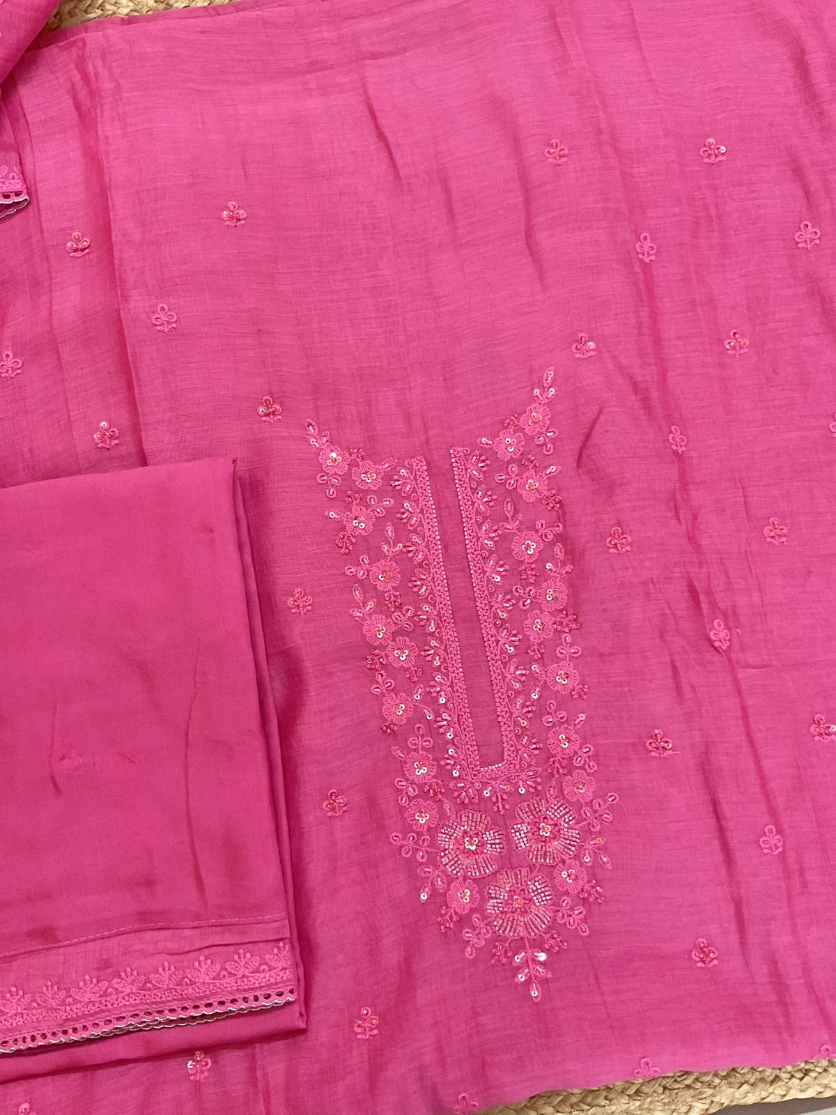 Pure Mul Chanderi Embroidered Suit - Pink