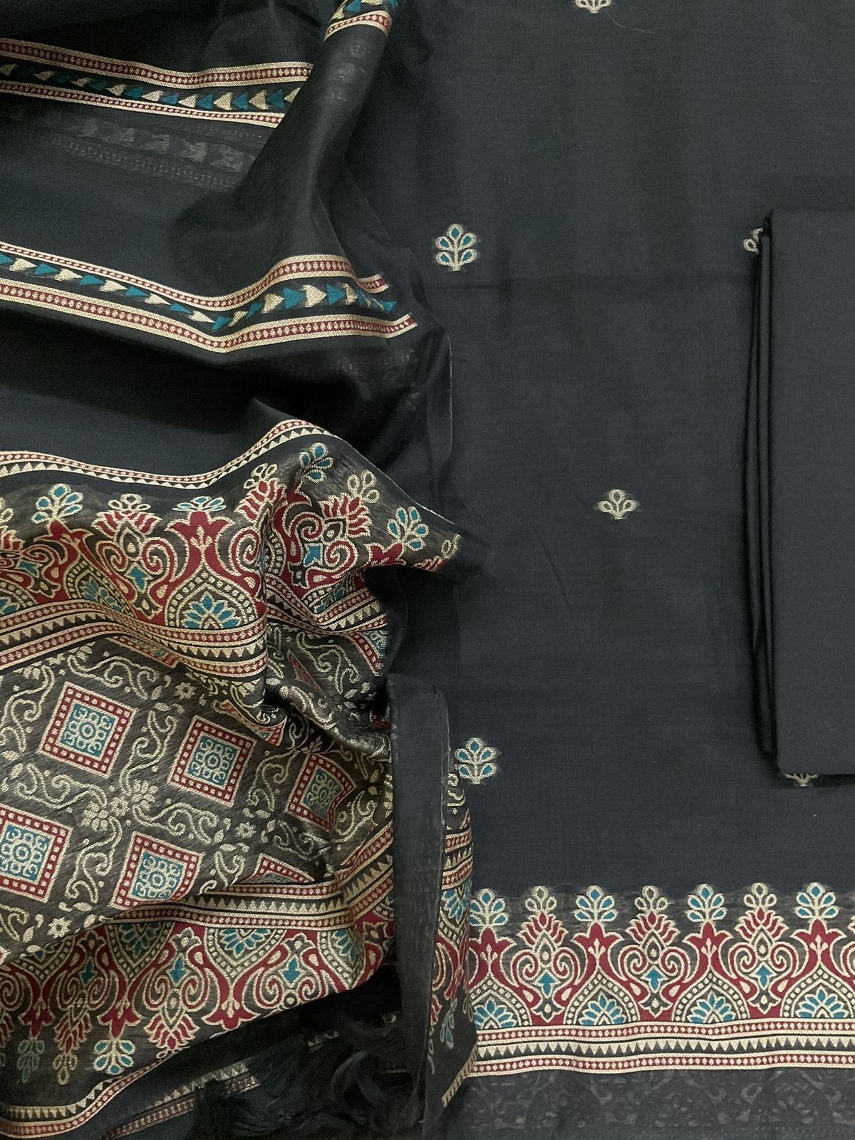 Soft Slub Chanderi Jamdani Weaved Suit - Black