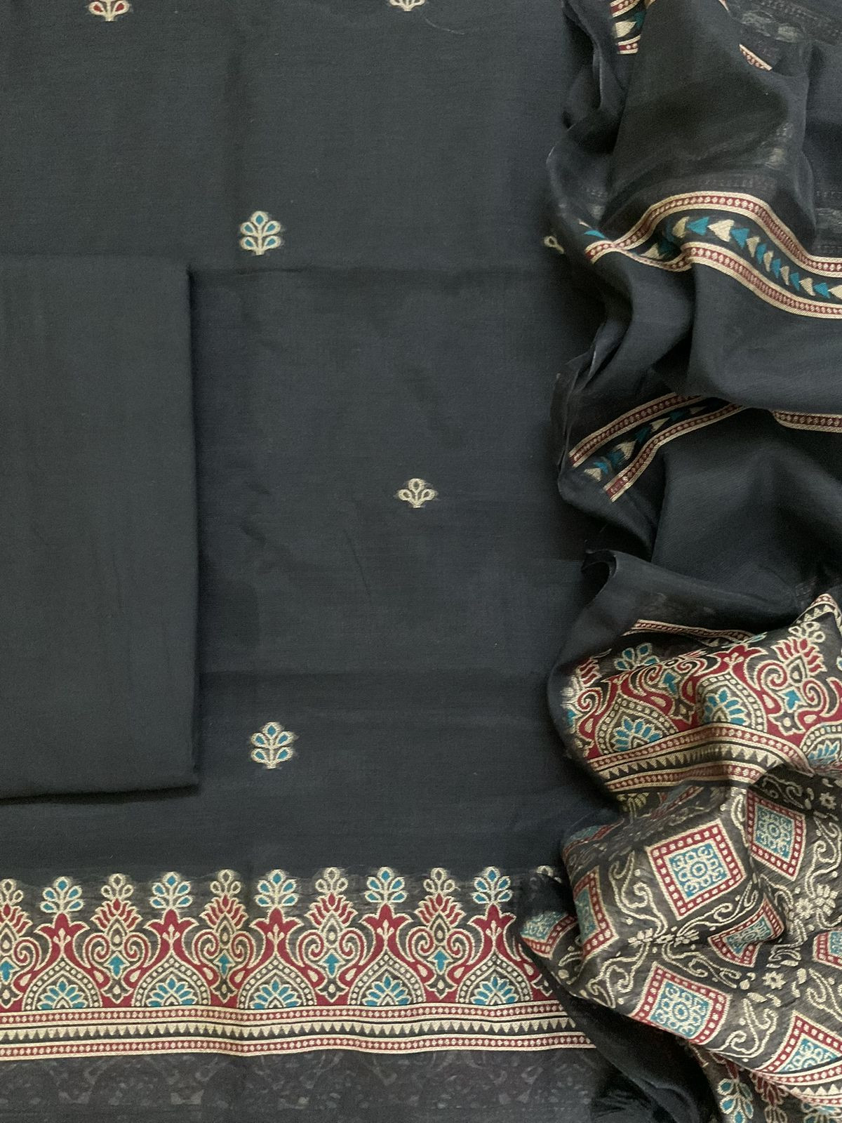 Soft Slub Chanderi Jamdani Weaved Suit - Black