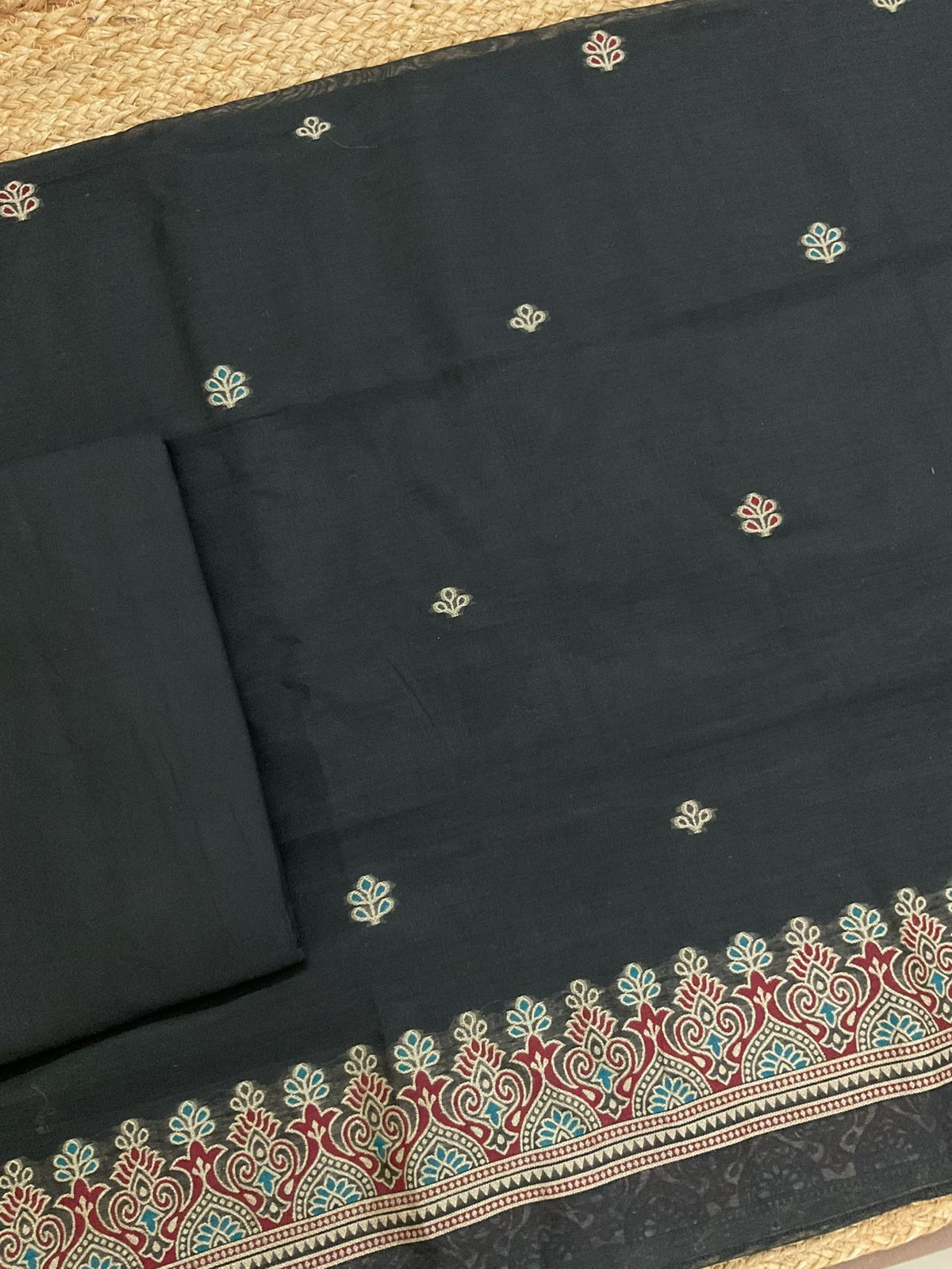 Soft Slub Chanderi Jamdani Weaved Suit - Black