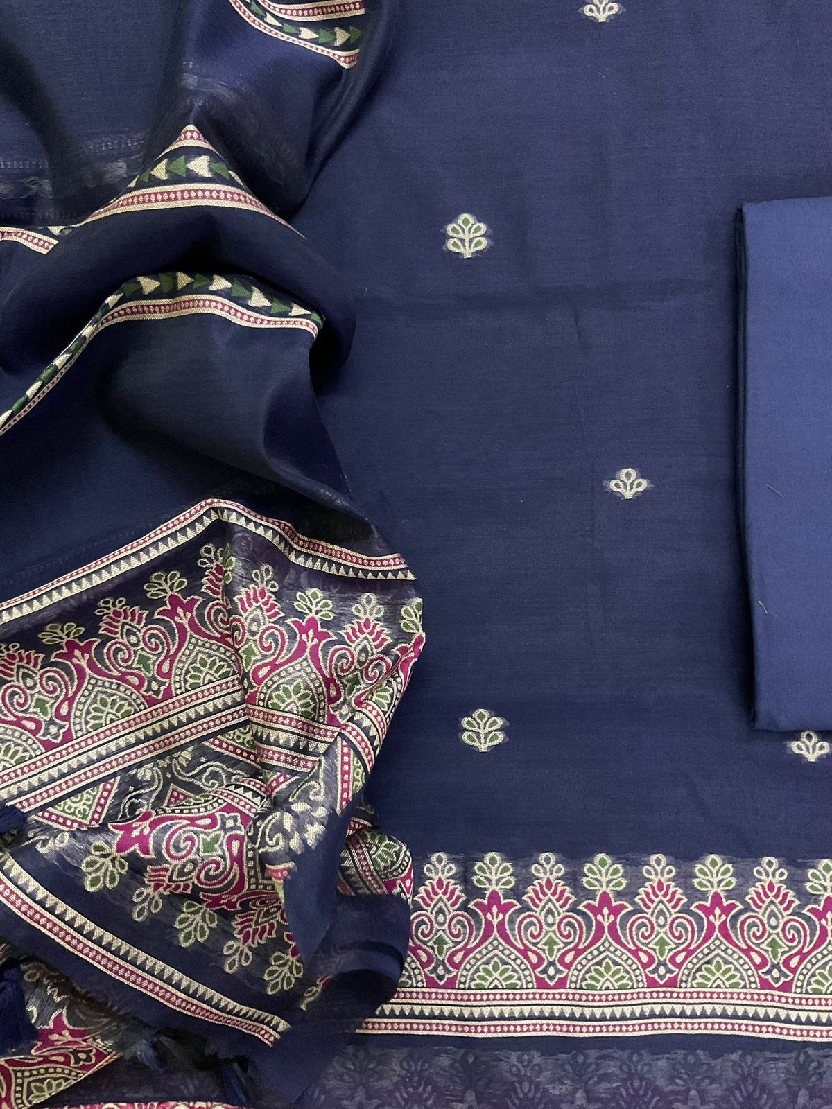 Soft Slub Chanderi Jamdani Weaved Suit - Blue