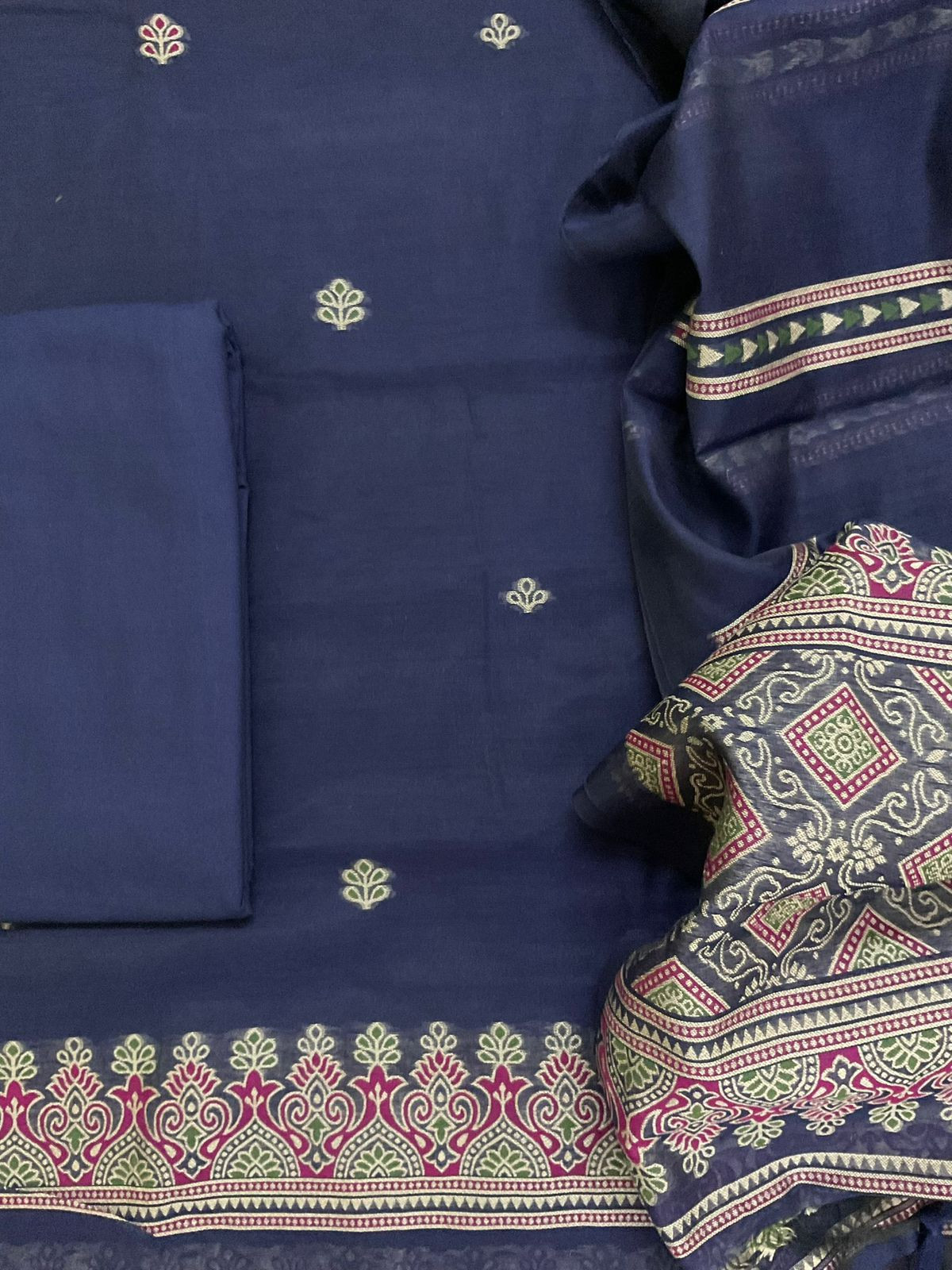 Soft Slub Chanderi Jamdani Weaved Suit - Blue
