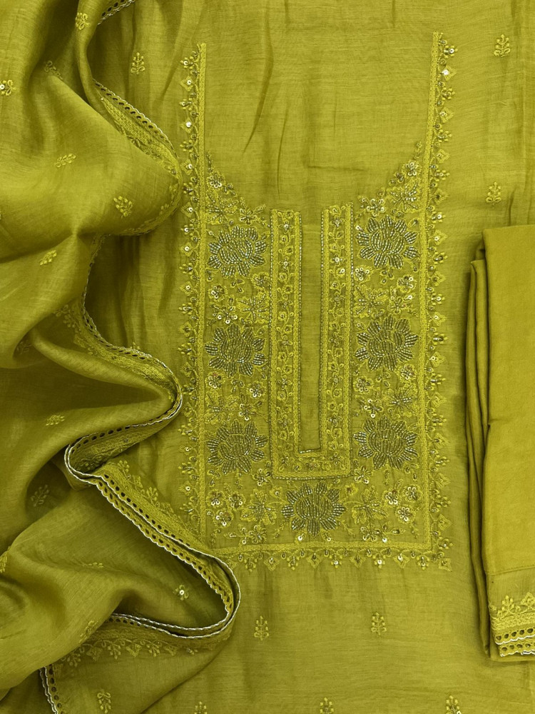 Image of Pure Mul Chanderi Embroidered Suit - Green