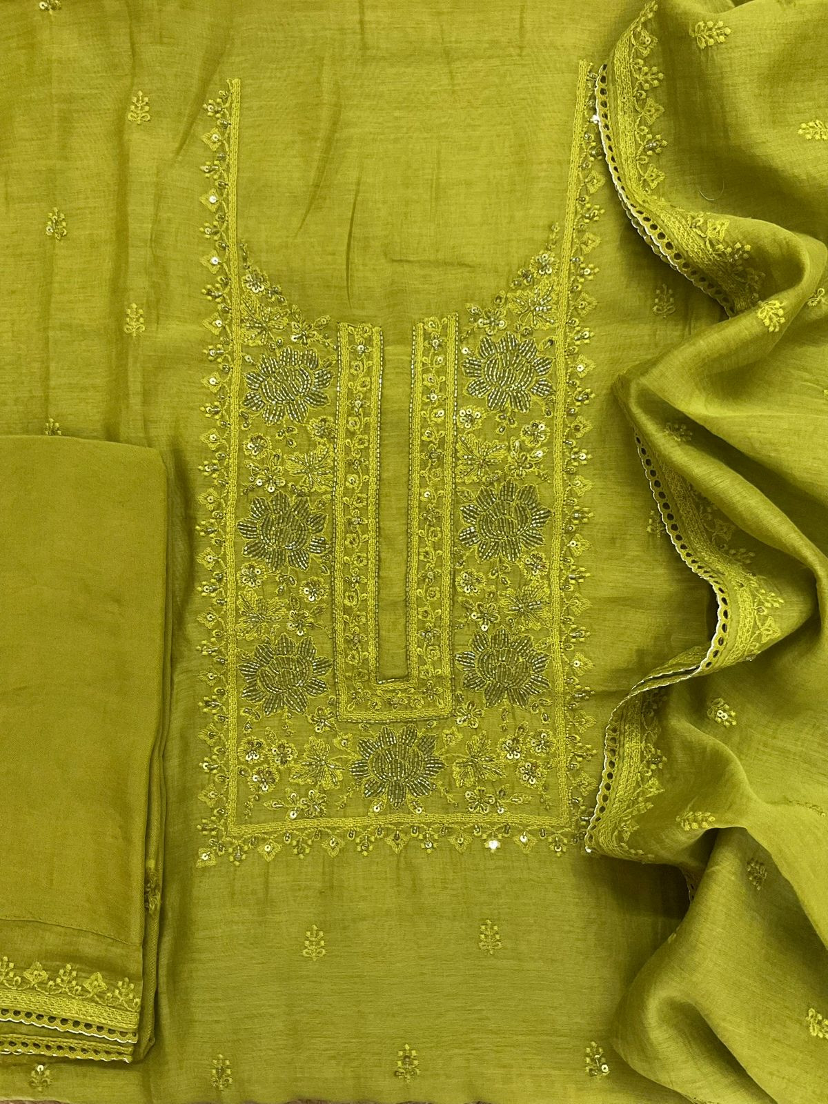 Pure Mul Chanderi Embroidered Suit - Green