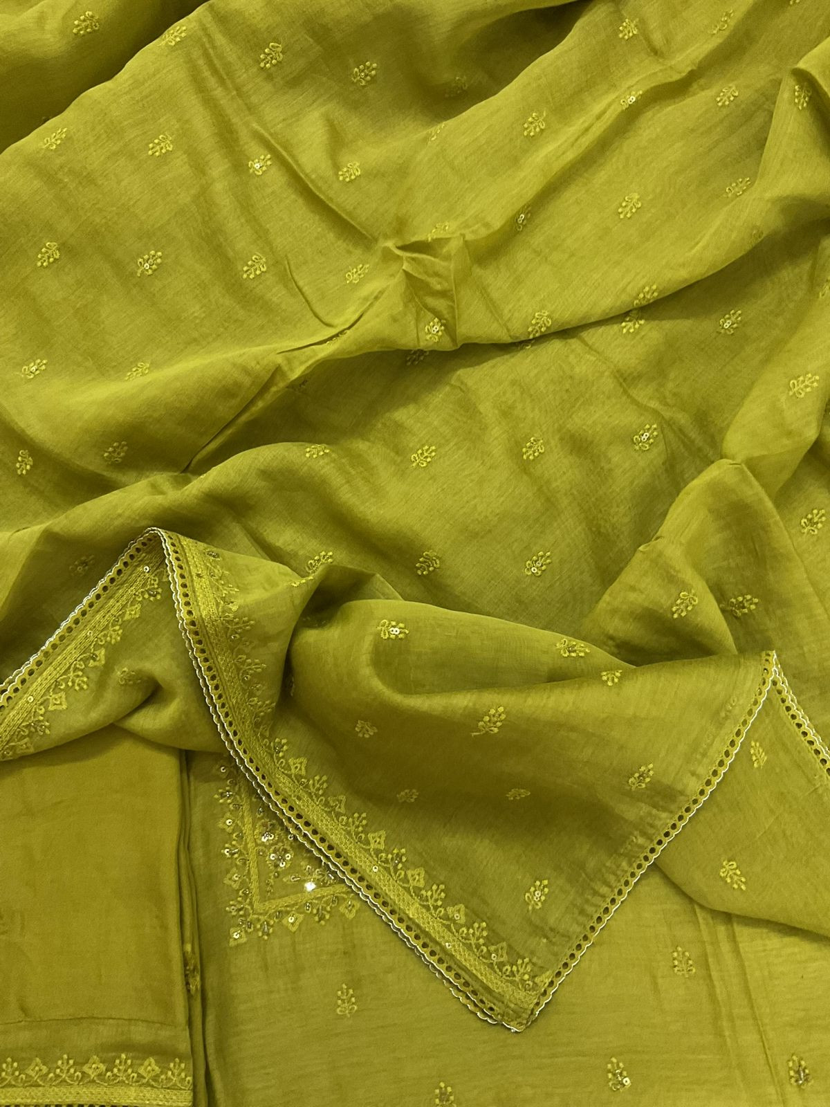 Pure Mul Chanderi Embroidered Suit - Green