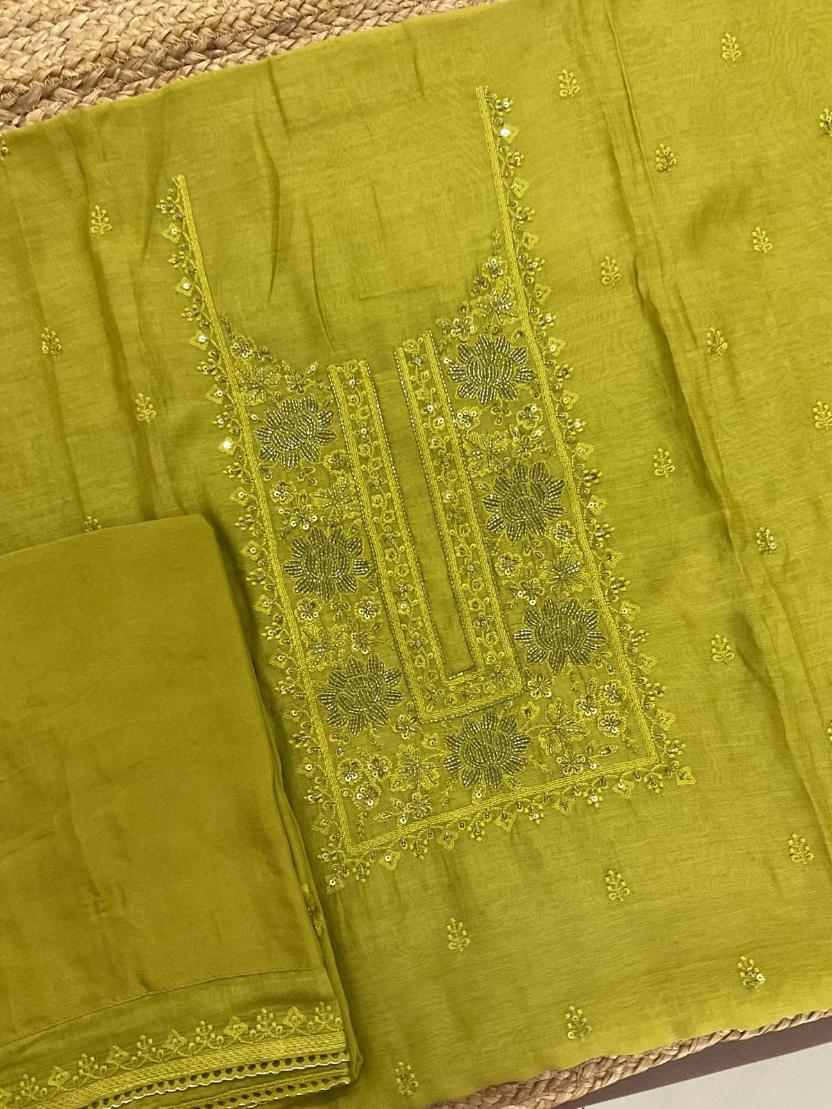 Pure Mul Chanderi Embroidered Suit - Green