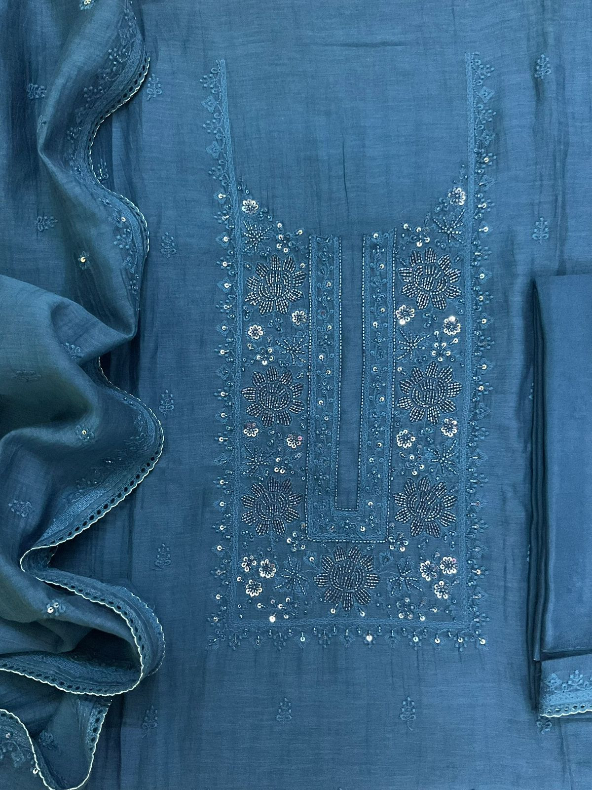 Pure Mul Chanderi Embroidered Suit - Blue