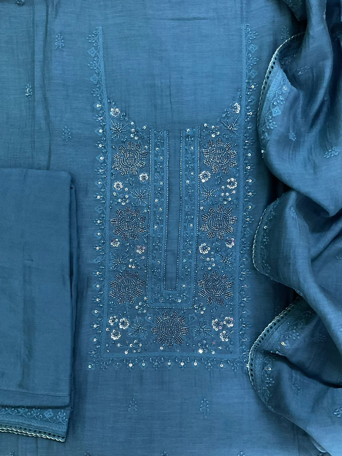 Pure Mul Chanderi Embroidered Suit - Blue