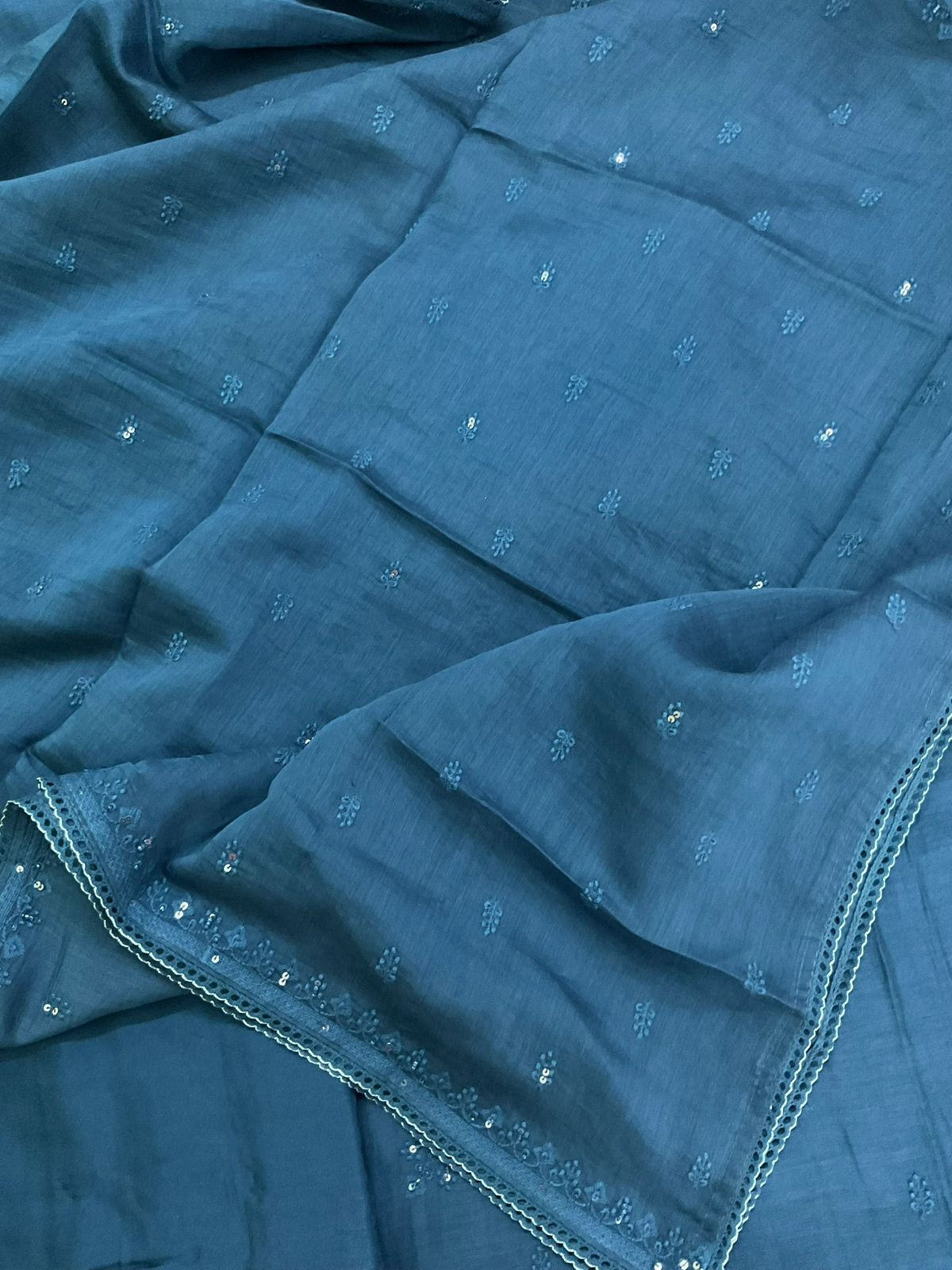 Pure Mul Chanderi Embroidered Suit - Blue