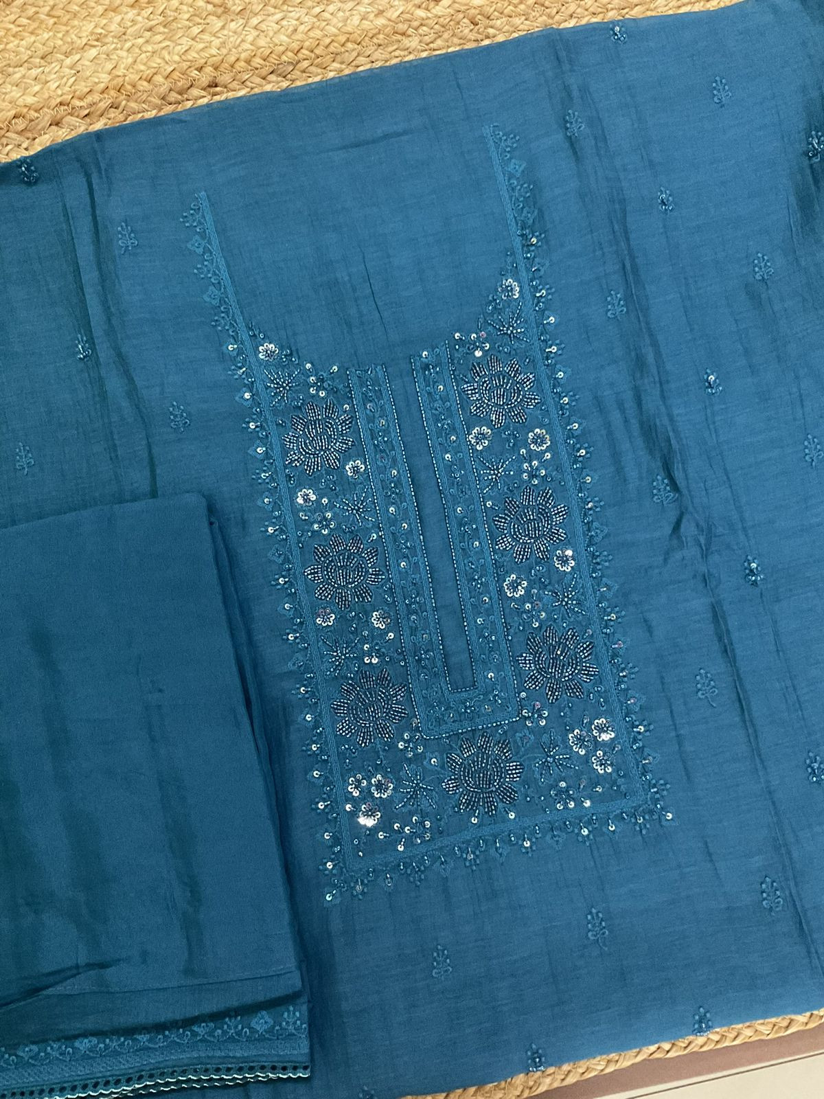 Pure Mul Chanderi Embroidered Suit - Blue
