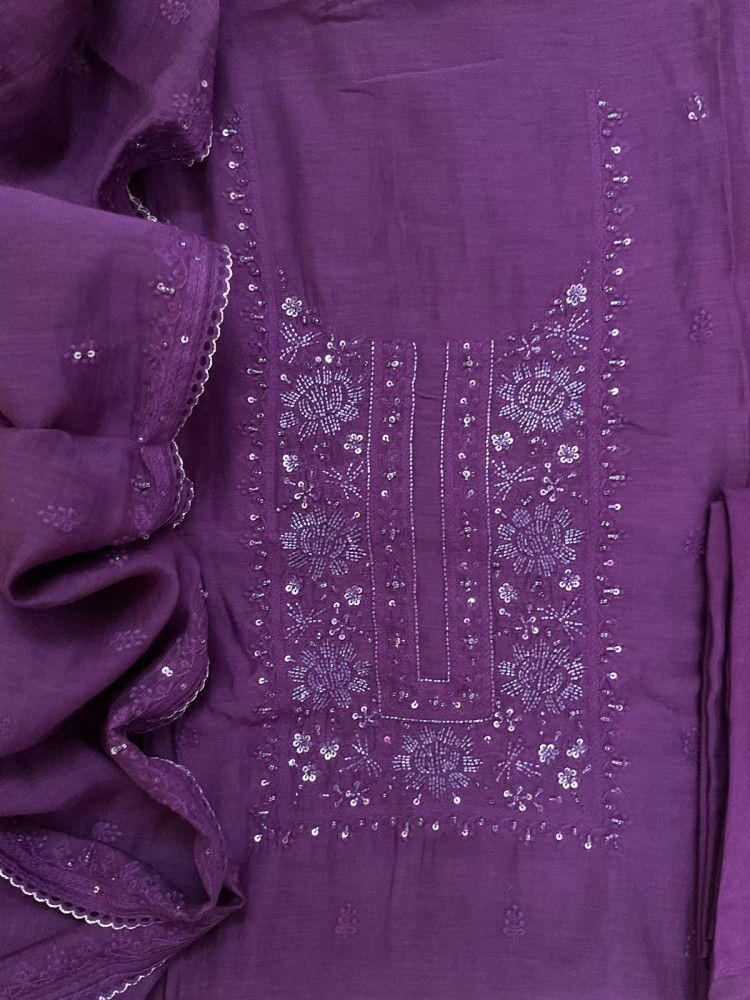 Image of Pure Mul Chanderi Embroidered Suit - Violet