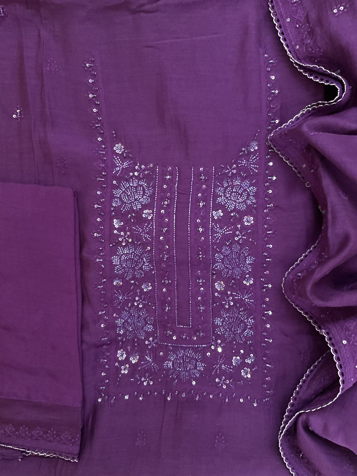 Pure Mul Chanderi Embroidered Suit - Violet