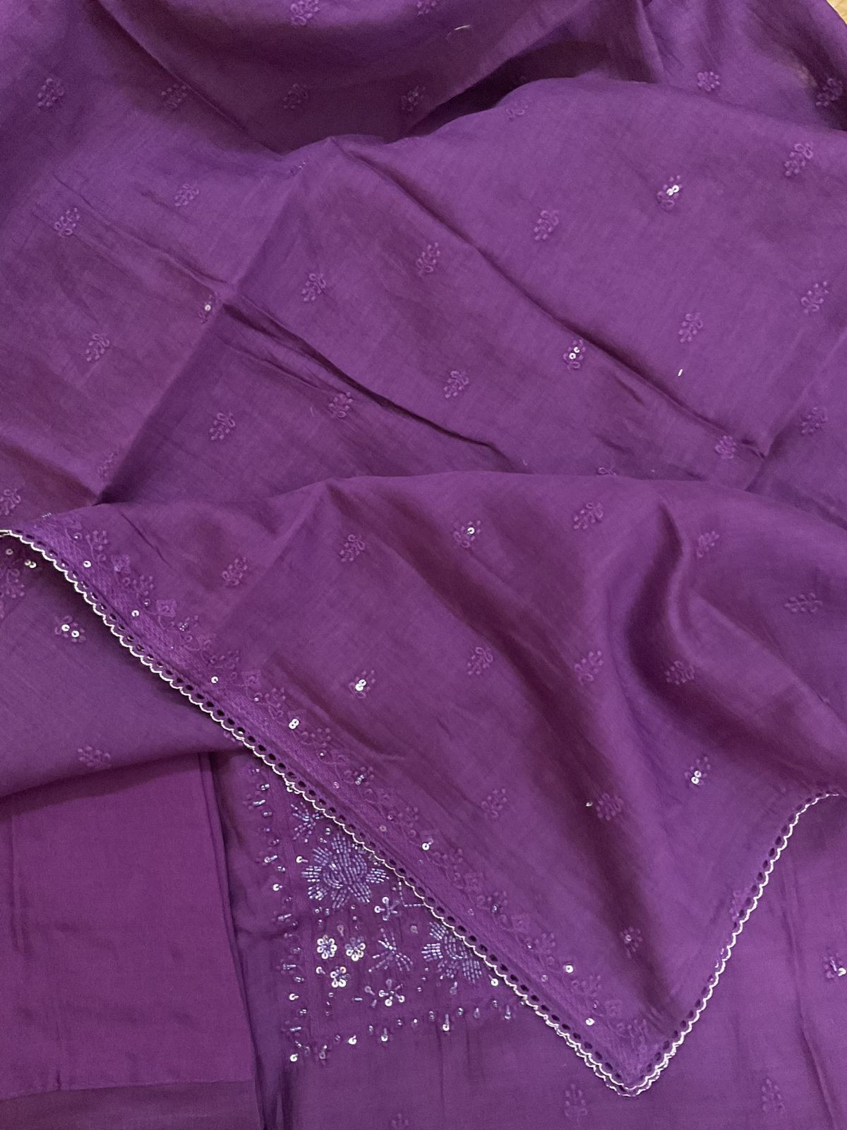Pure Mul Chanderi Embroidered Suit - Violet