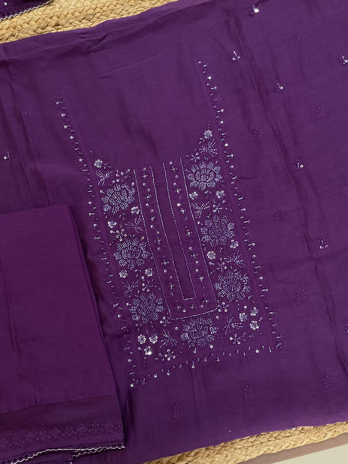 Pure Mul Chanderi Embroidered Suit - Violet