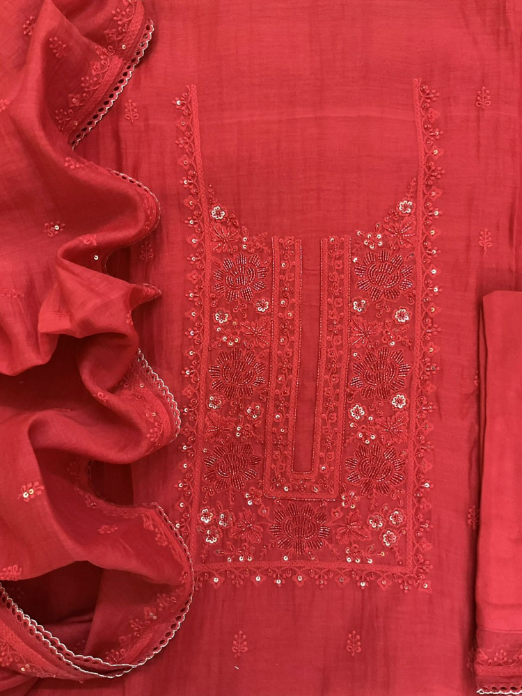 Image of Pure Mul Chanderi Embroidered Suit - Red