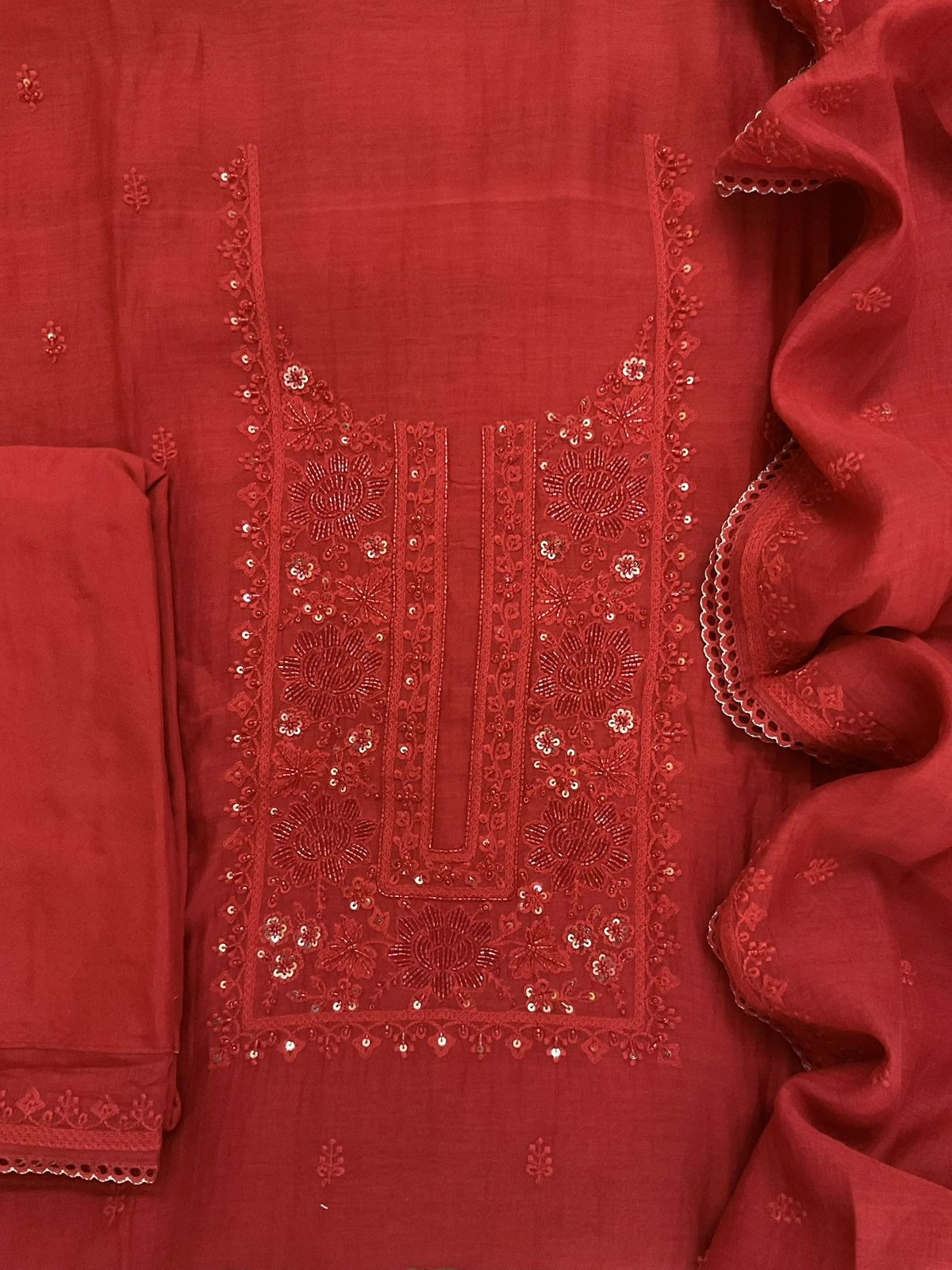 Pure Mul Chanderi Embroidered Suit - Red