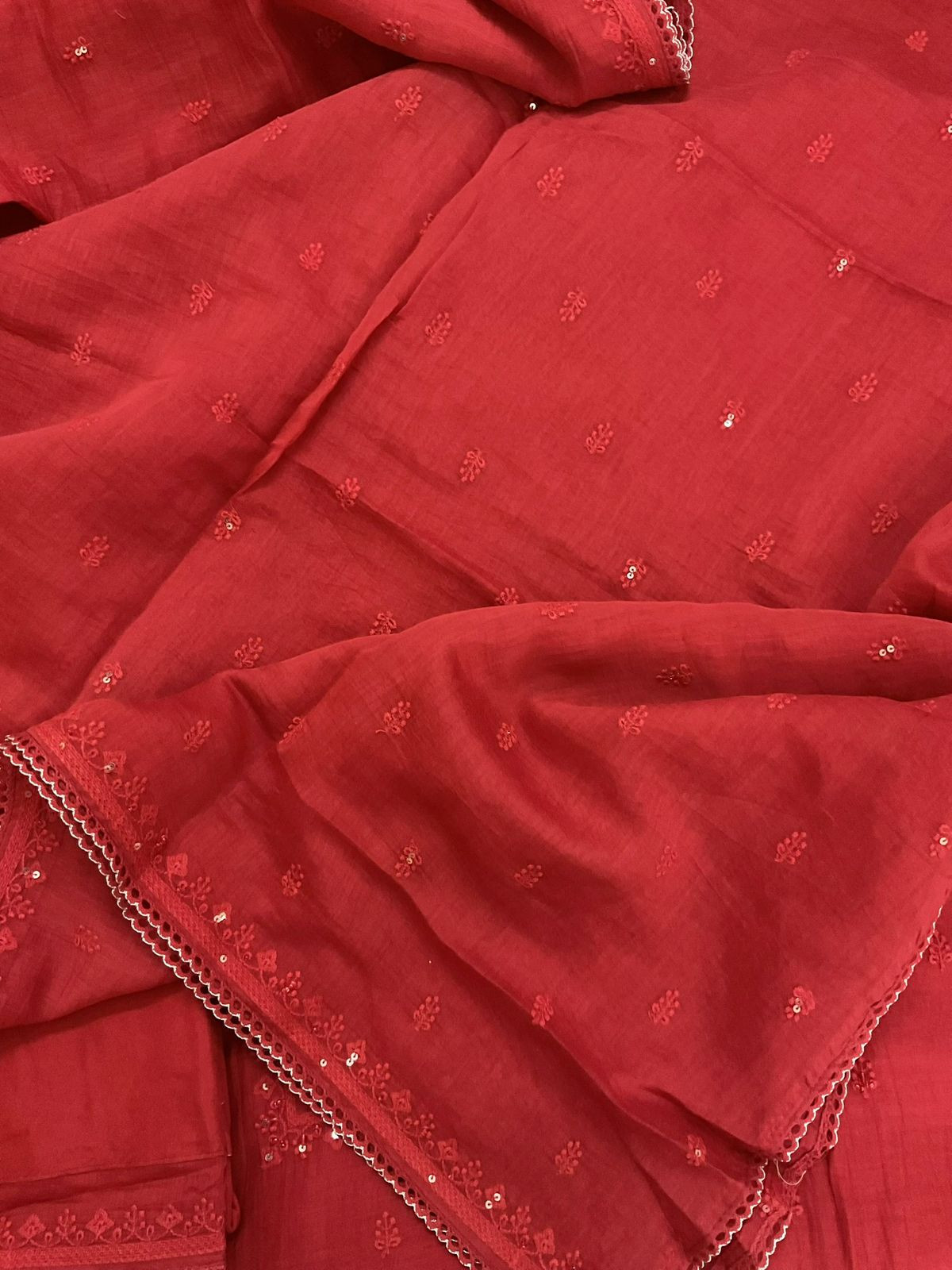 Pure Mul Chanderi Embroidered Suit - Red