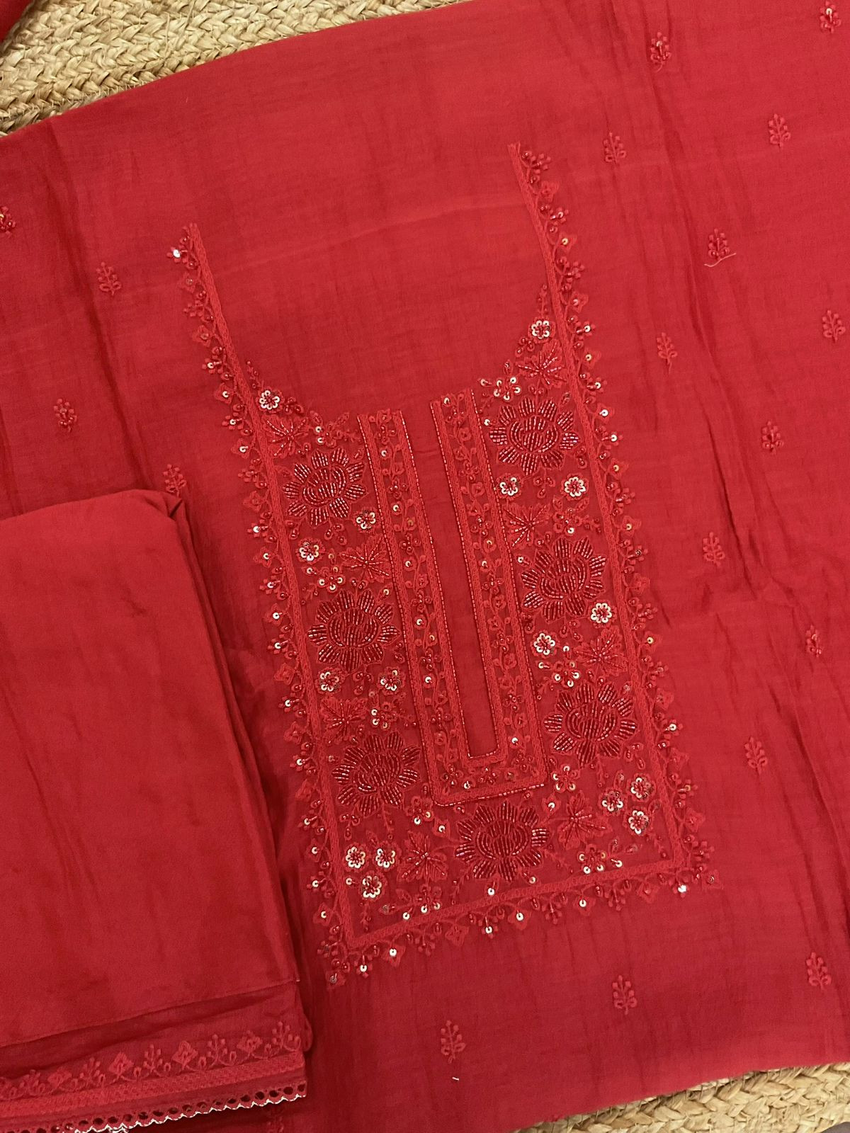 Pure Mul Chanderi Embroidered Suit - Red