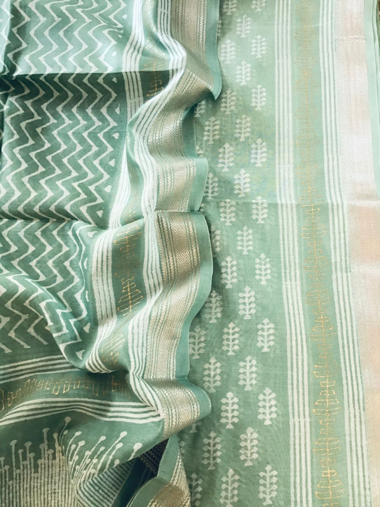 Image of Pure Maheshwari Silk Printed Suit - Sea Green