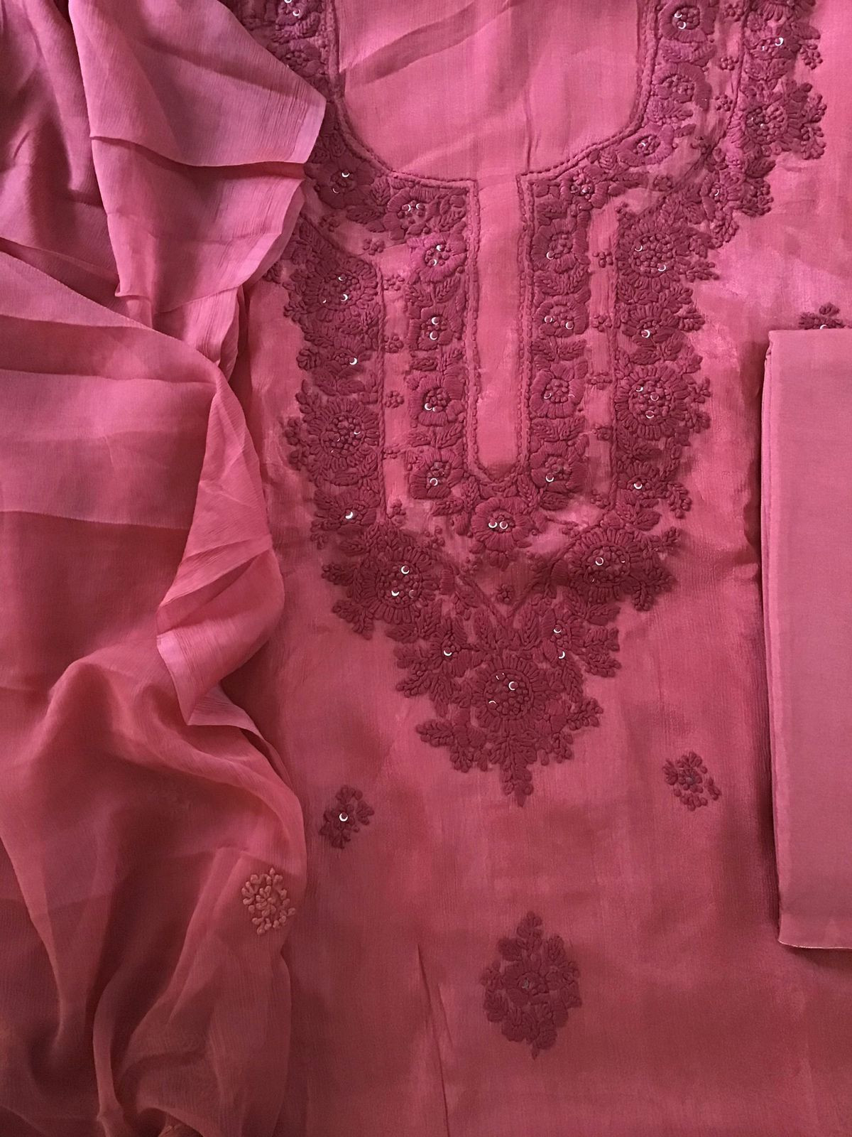 Pure Chinnon Silk Embroidered Suit - Light Maroon