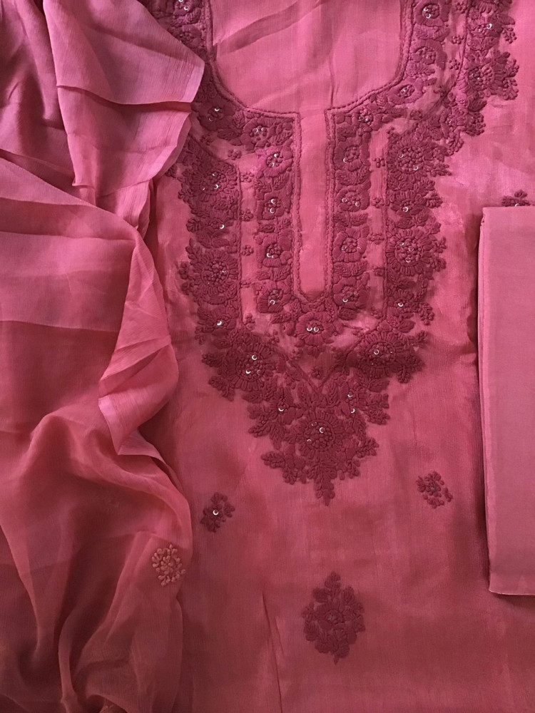 Image of Pure Chinnon Silk Embroidered Suit - Light Maroon