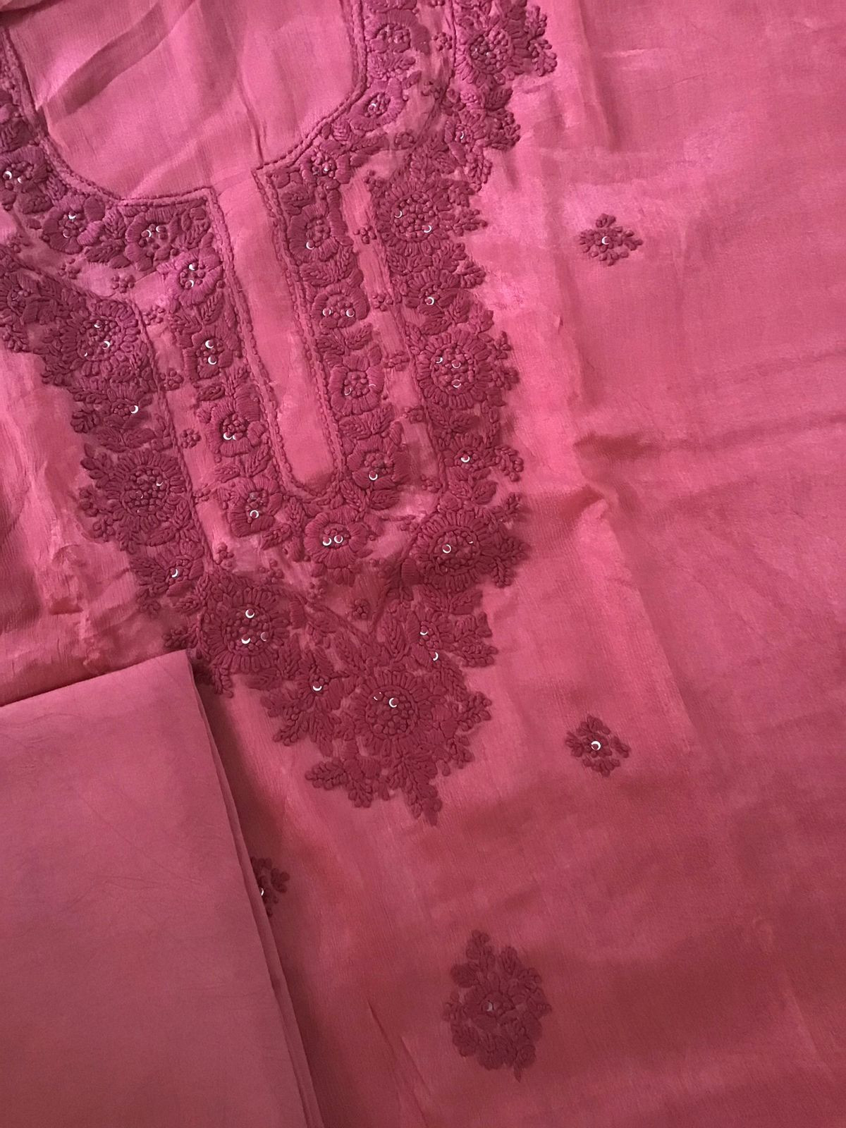 Pure Chinnon Silk Embroidered Suit - Light Maroon