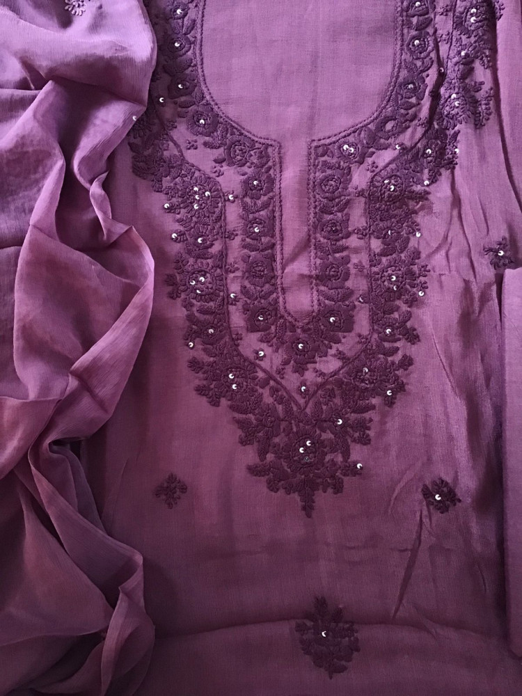 Image of Pure Chinnon Silk Embroidered Suit - Wine