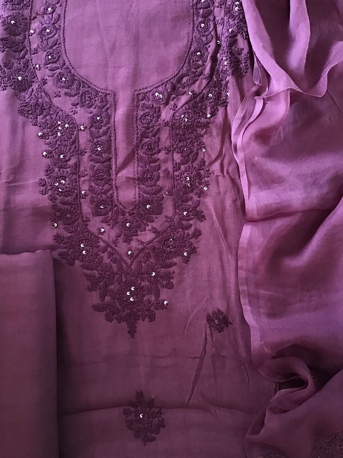 Pure Chinnon Silk Embroidered Suit - Wine