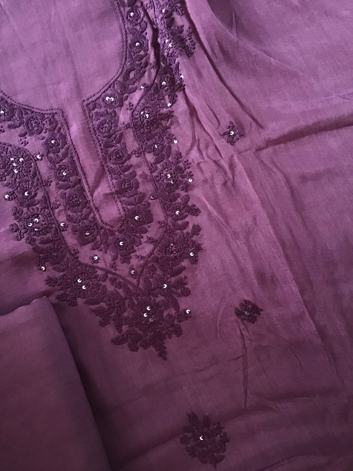 Pure Chinnon Silk Embroidered Suit - Wine