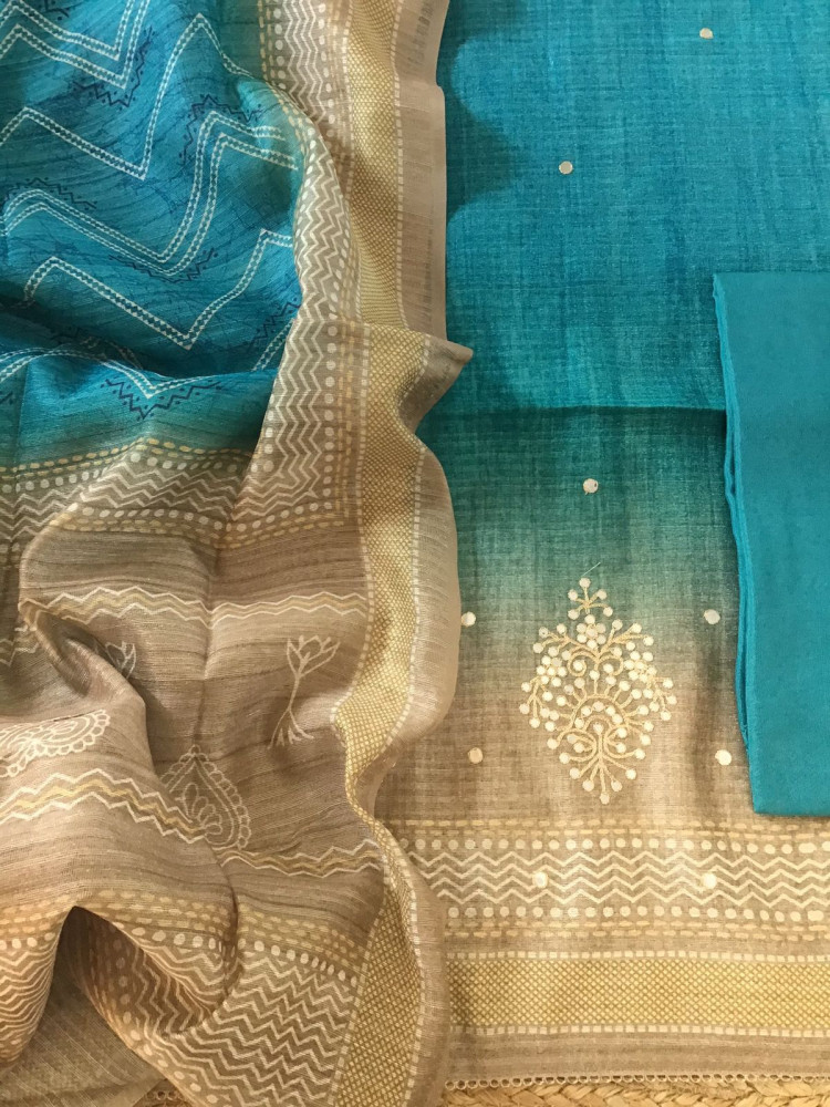 Image of Soft Semi Tussar Printed Embroidered Suit - Blue