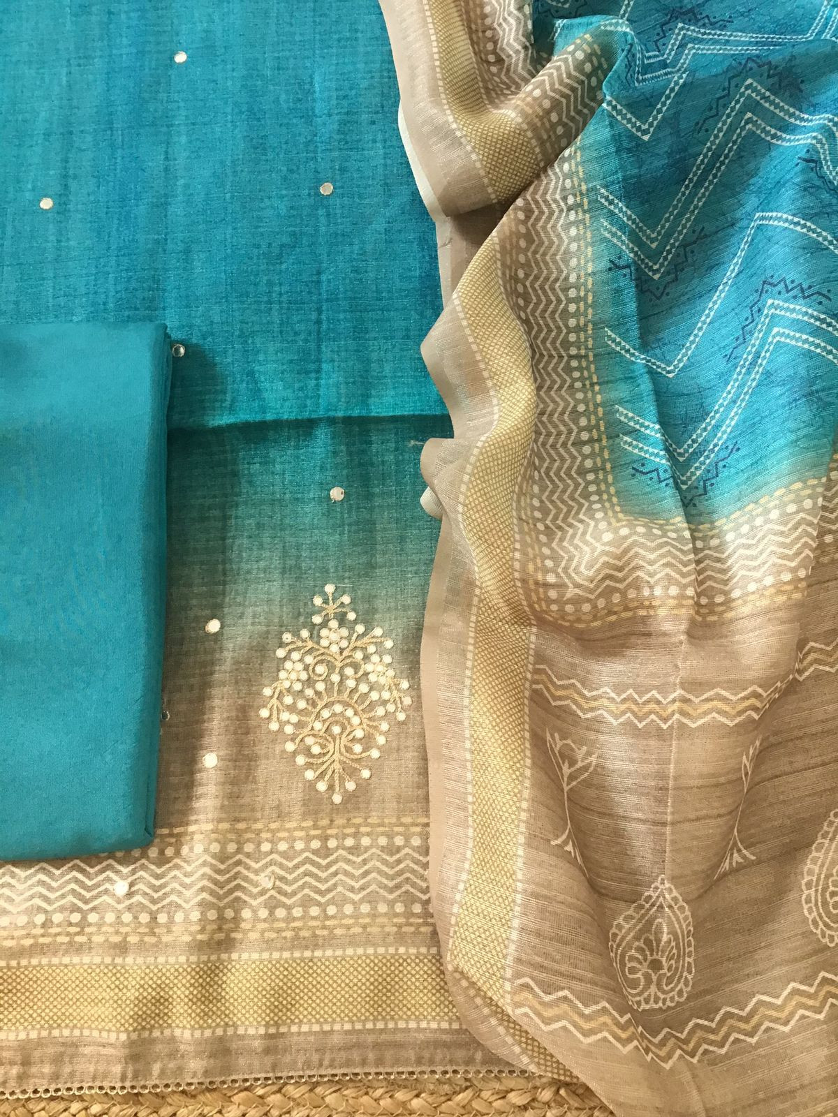 Soft Semi Tussar Printed Embroidered Suit - Blue