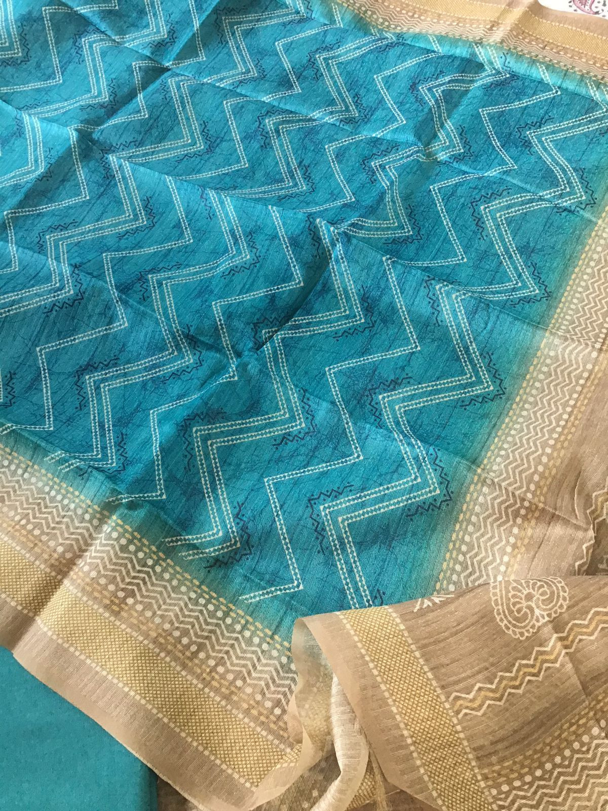 Soft Semi Tussar Printed Embroidered Suit - Blue