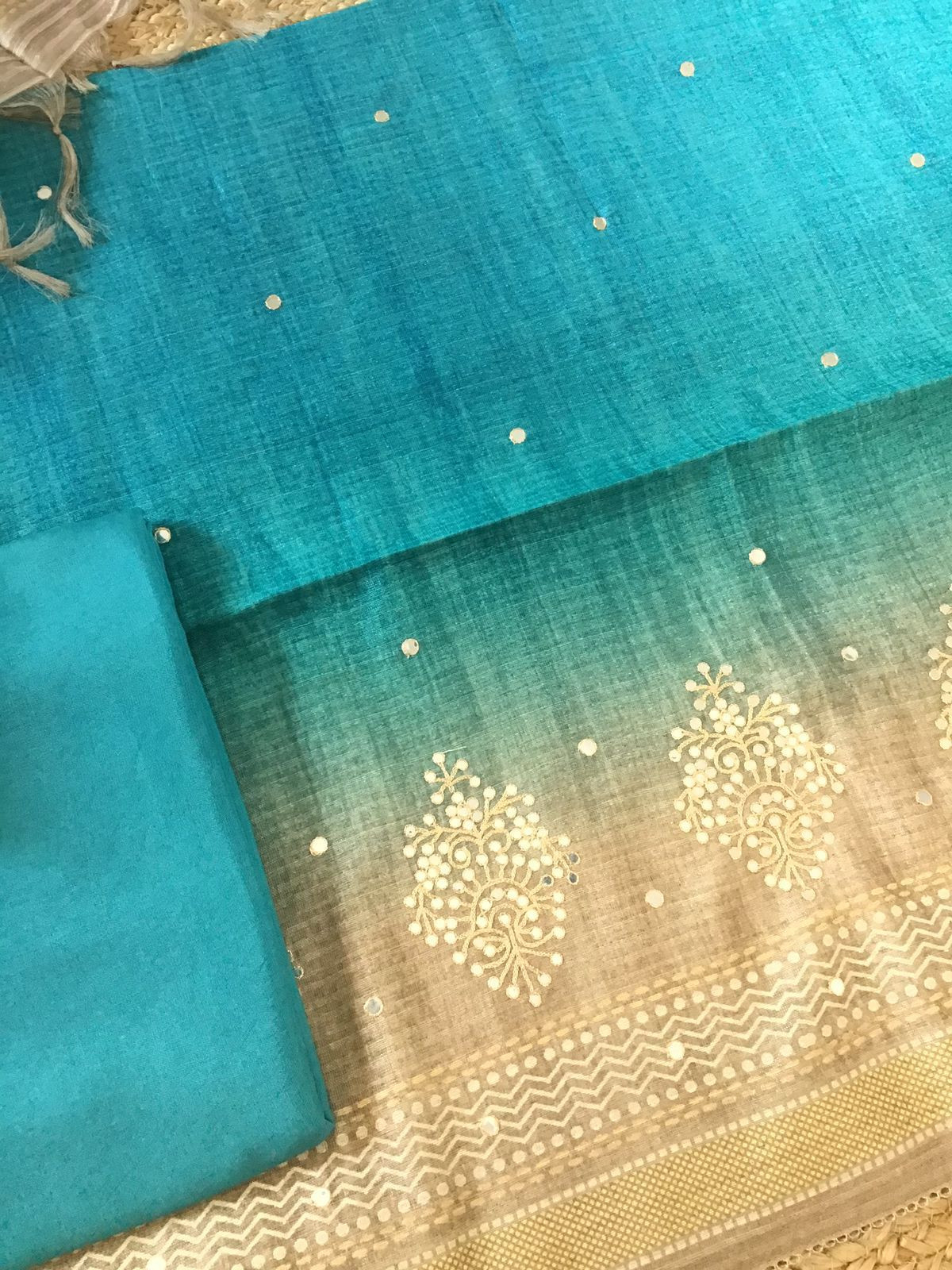Soft Semi Tussar Printed Embroidered Suit - Blue