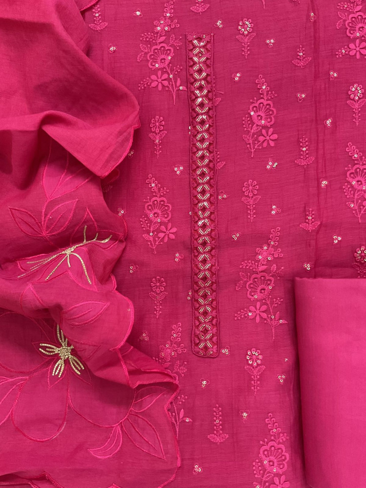 Image of Pure Mul Chanderi Embroidered Suit - Pink