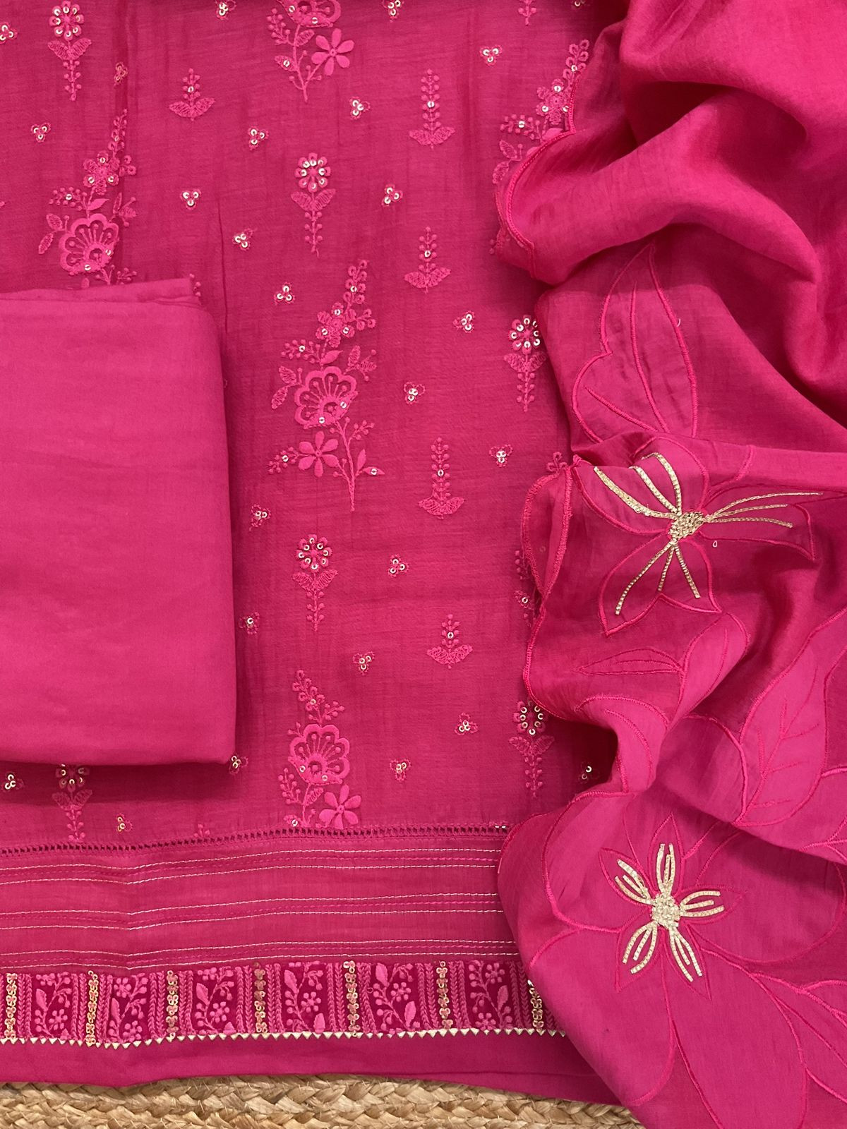 Pure Mul Chanderi Embroidered Suit - Pink