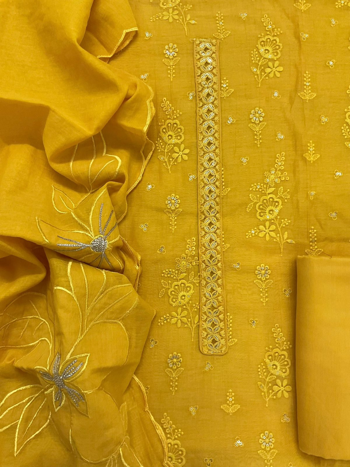 Pure Mul Chanderi Embroidered Suit - Yellow