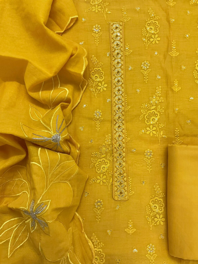 Image of Pure Mul Chanderi Embroidered Suit - Yellow