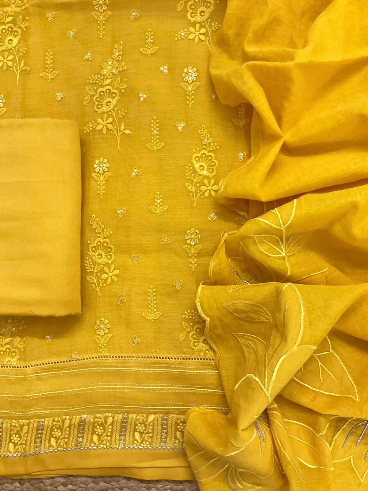 Pure Mul Chanderi Embroidered Suit - Yellow