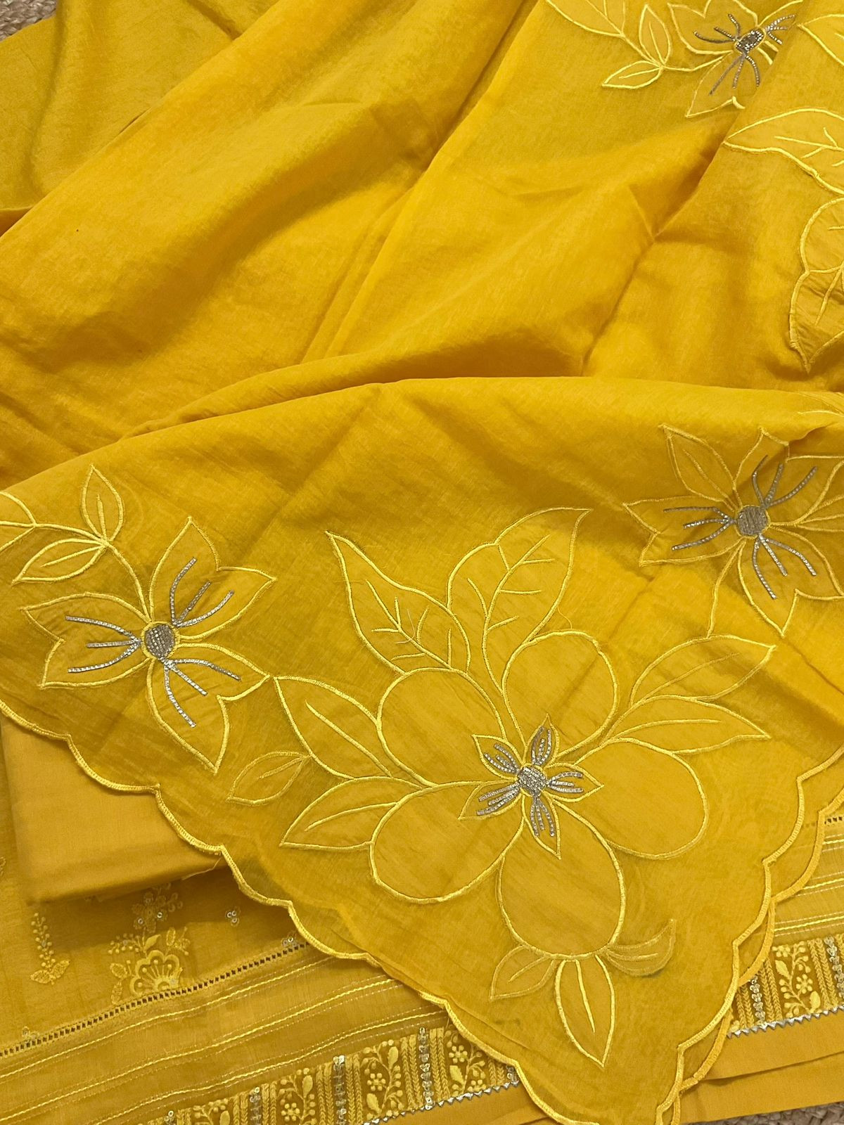 Pure Mul Chanderi Embroidered Suit - Yellow