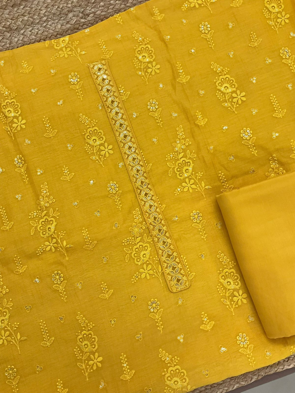 Pure Mul Chanderi Embroidered Suit - Yellow