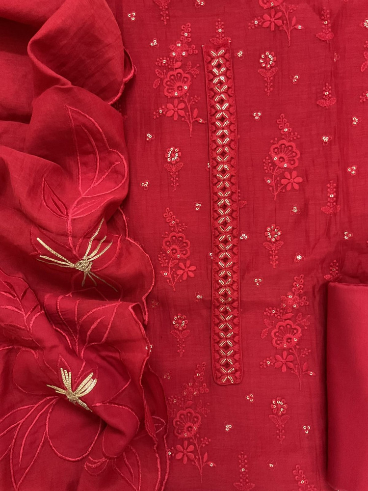 Image of Pure Mul Chanderi Embroidered Suit - Red