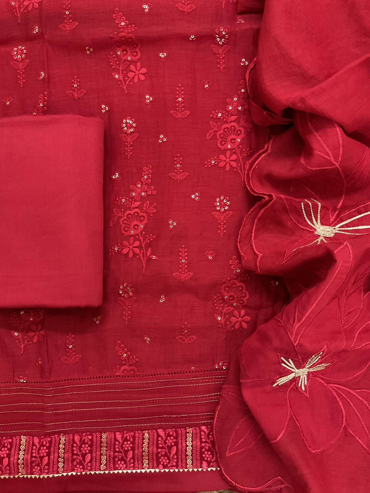 Pure Mul Chanderi Embroidered Suit - Red