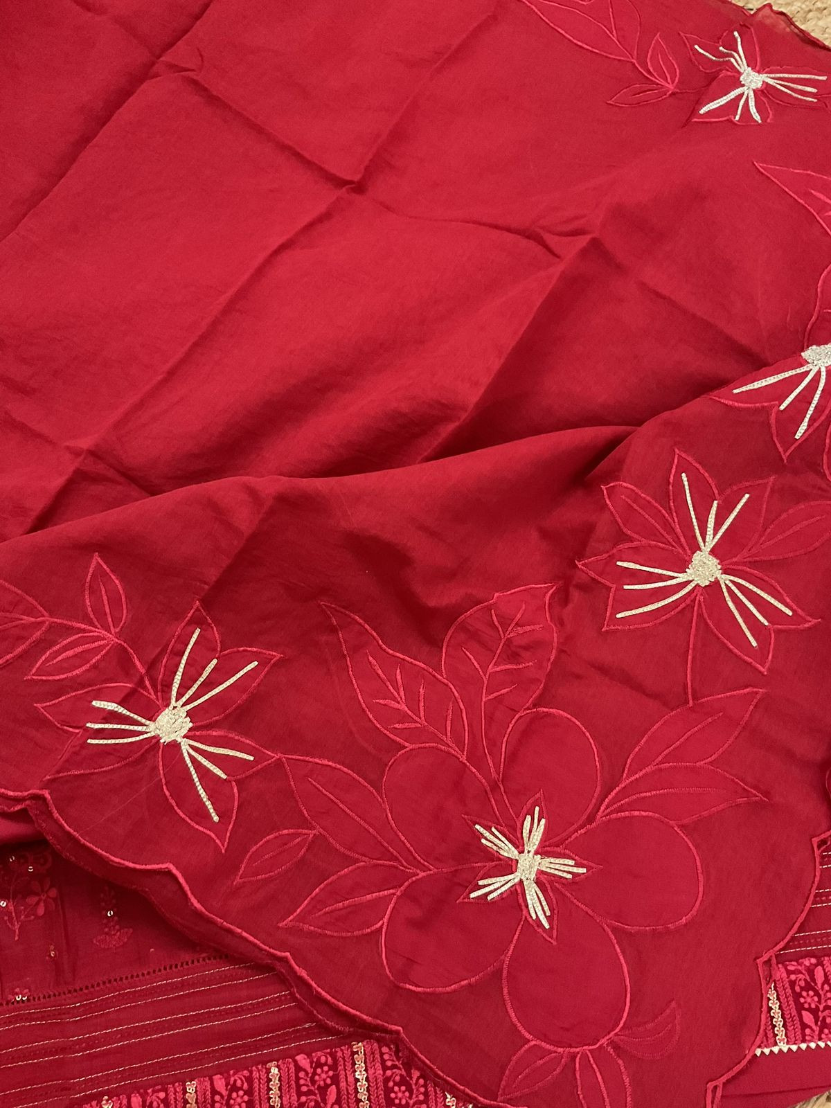Pure Mul Chanderi Embroidered Suit - Red