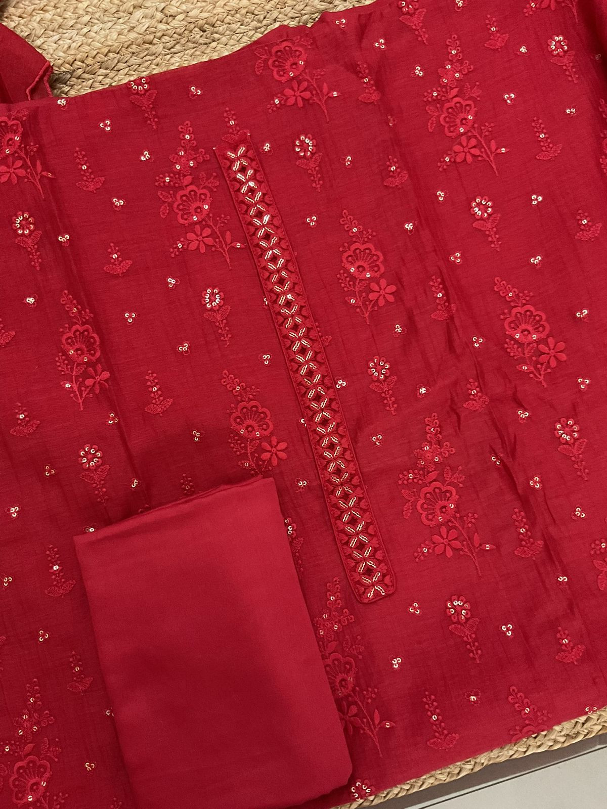 Pure Mul Chanderi Embroidered Suit - Red