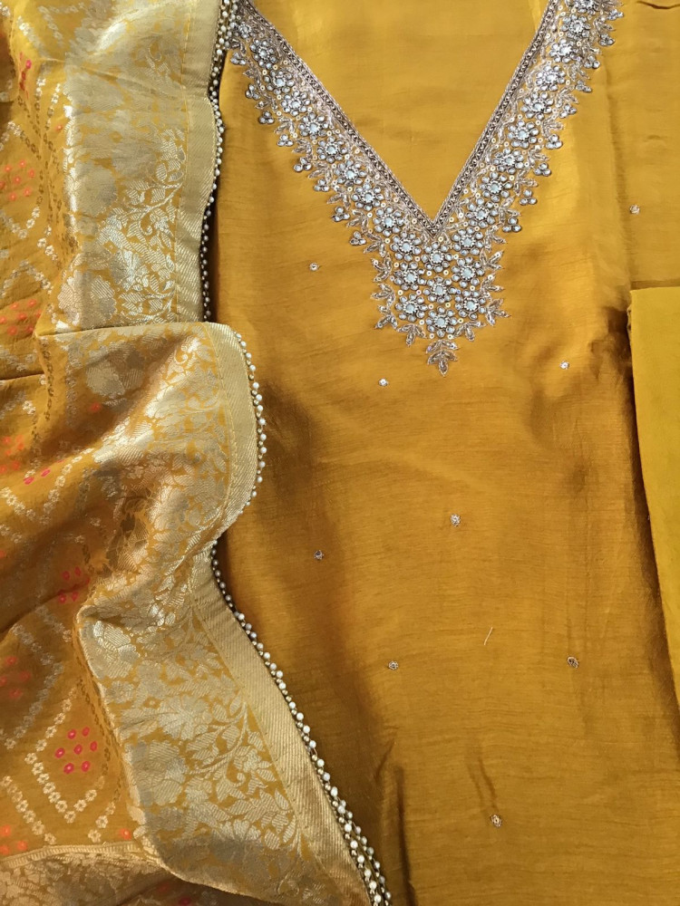 Image of Pure Upada Silk Banarasi Weaved Embroidered Suit - Yellow