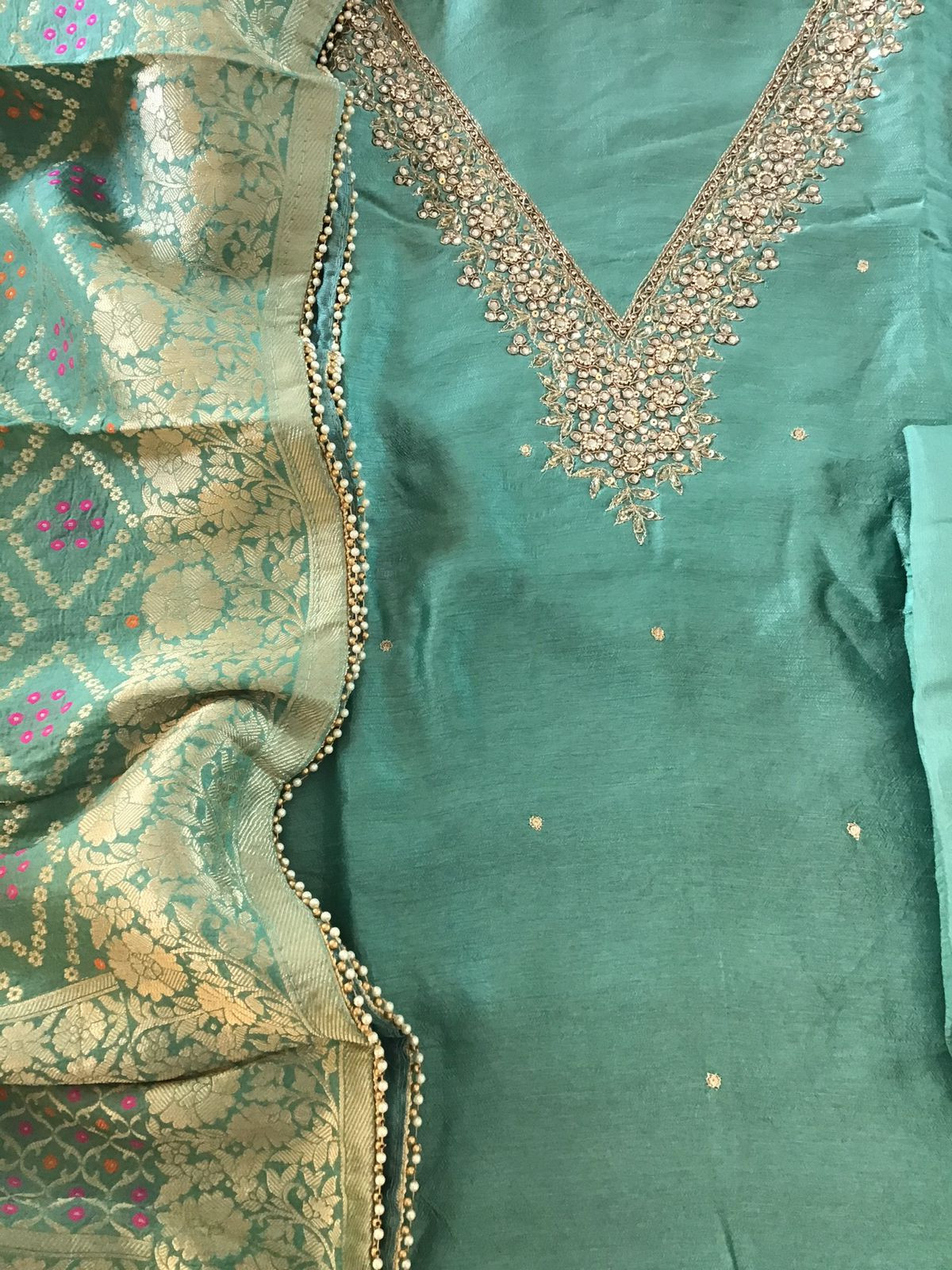 Pure Upada Silk Banarasi Weaved Embroidered Suit - Green