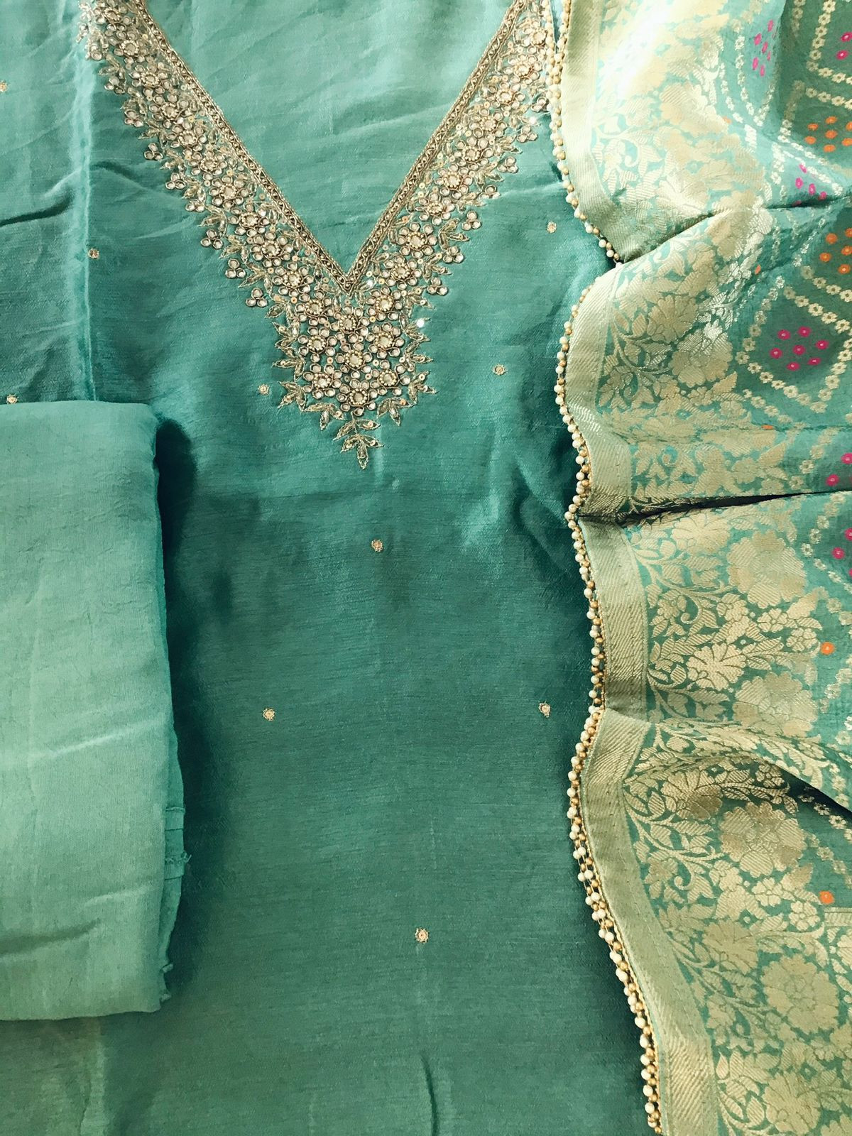 Pure Upada Silk Banarasi Weaved Embroidered Suit - Green