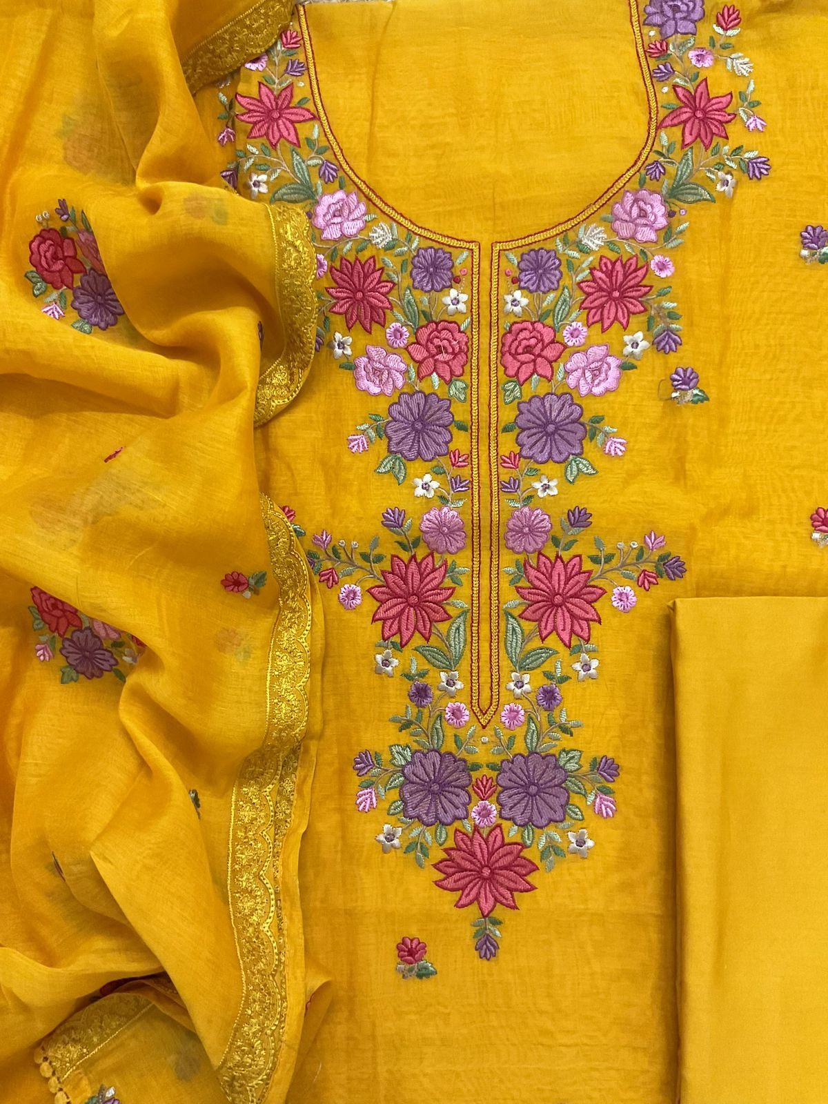 Pure Mul Chanderi Embroidered Suit - Yellow