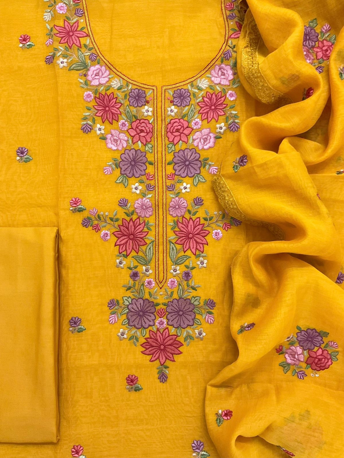 Pure Mul Chanderi Embroidered Suit - Yellow