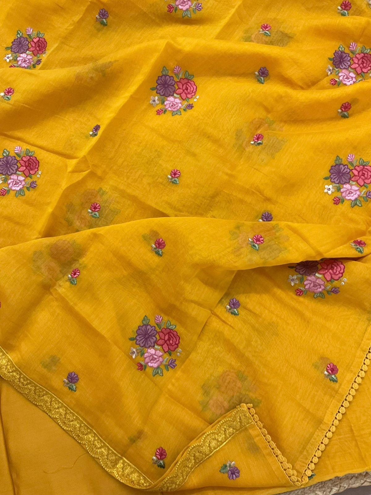 Pure Mul Chanderi Embroidered Suit - Yellow